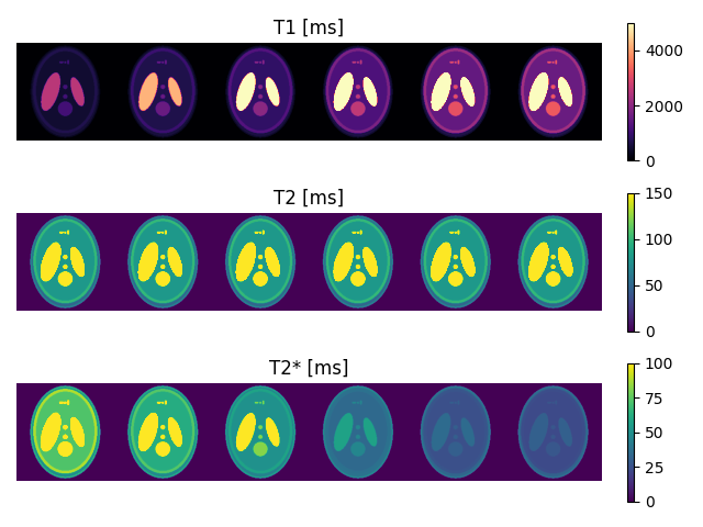 T1 [ms], T2 [ms], T2* [ms]