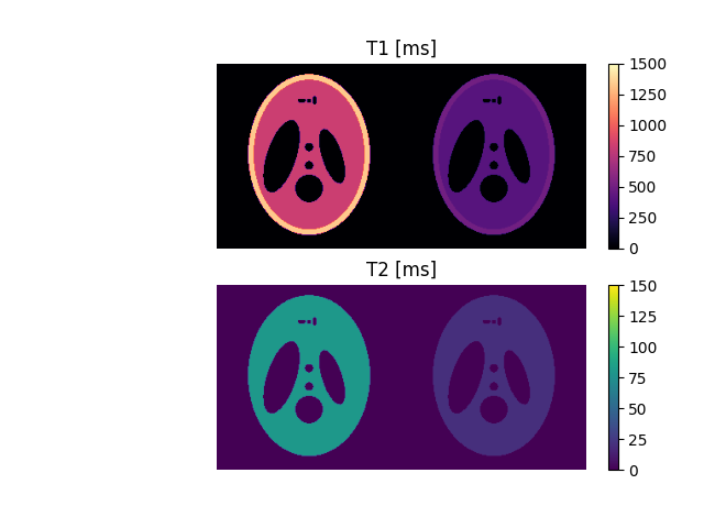 T1 [ms], T2 [ms]